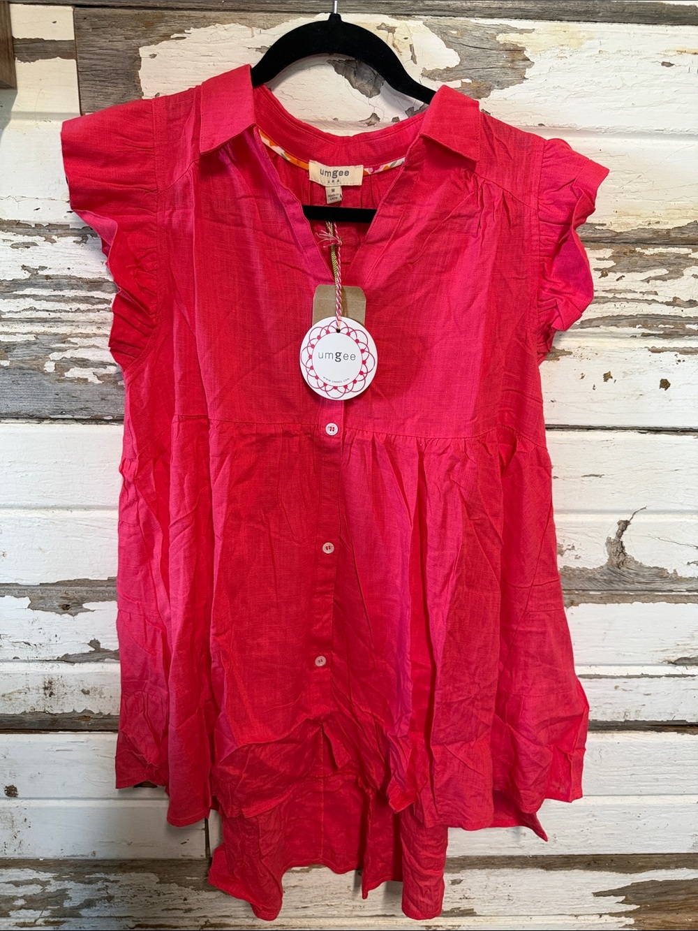 Umgee Women's Hot Pink Button-Front Ruffle Sleeve Tunic